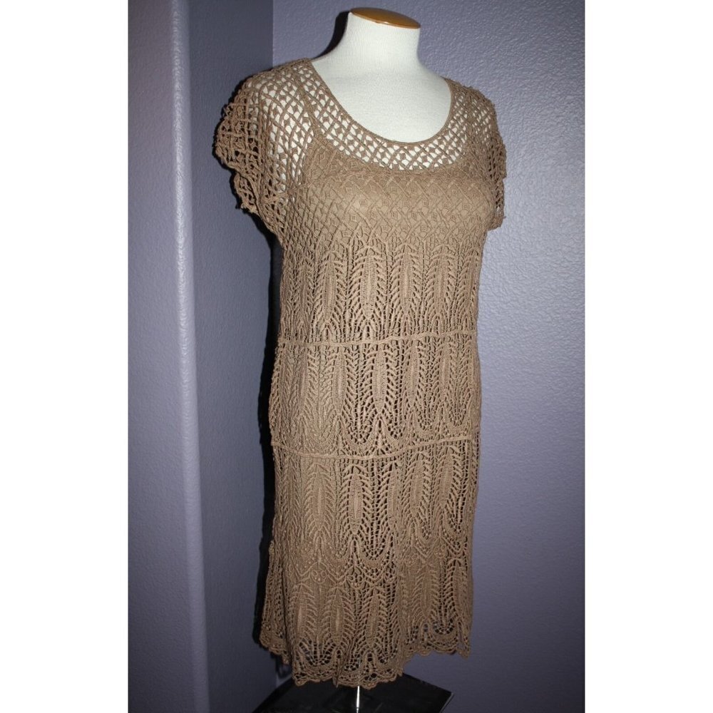 NWT Solitaire by Ravi Khosla Brown Boho Crochet Cap Sleeve Dress w/ Slip S